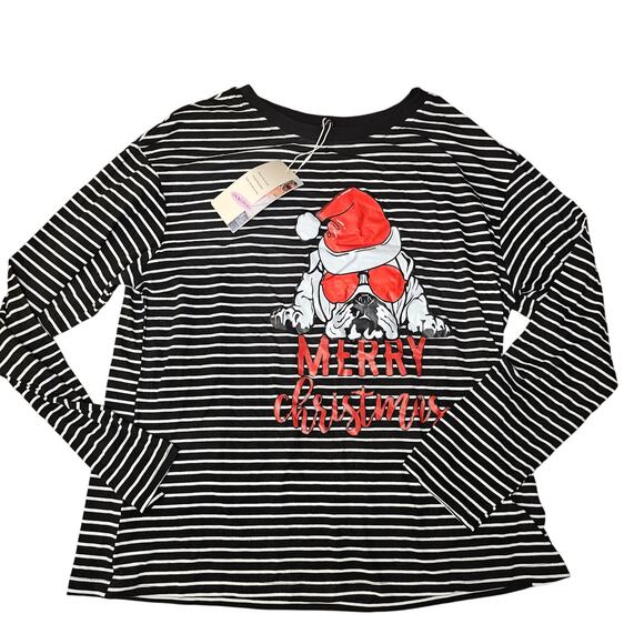 NWT Merry Christmas Shirt w Dog on it Womens Long Sleeve Striped Size Large (791 - Picture 1 of 6